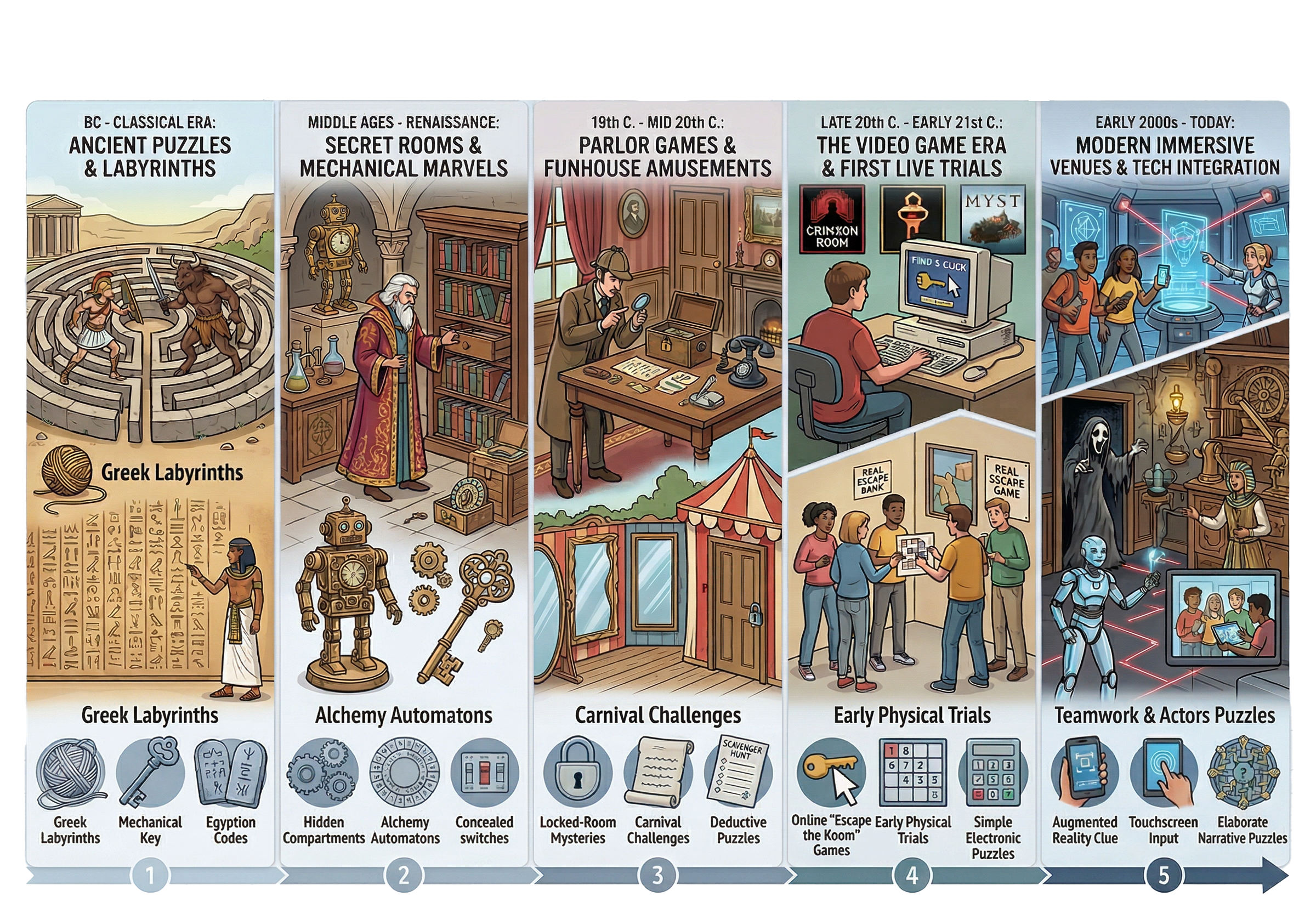 Timeline of escape room history from ancient puzzles to today's immersive venues